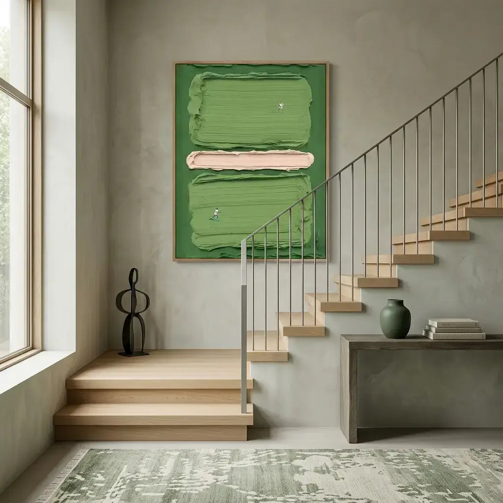 Modern interior with wooden staircase, abstract green painting, and decorative items.