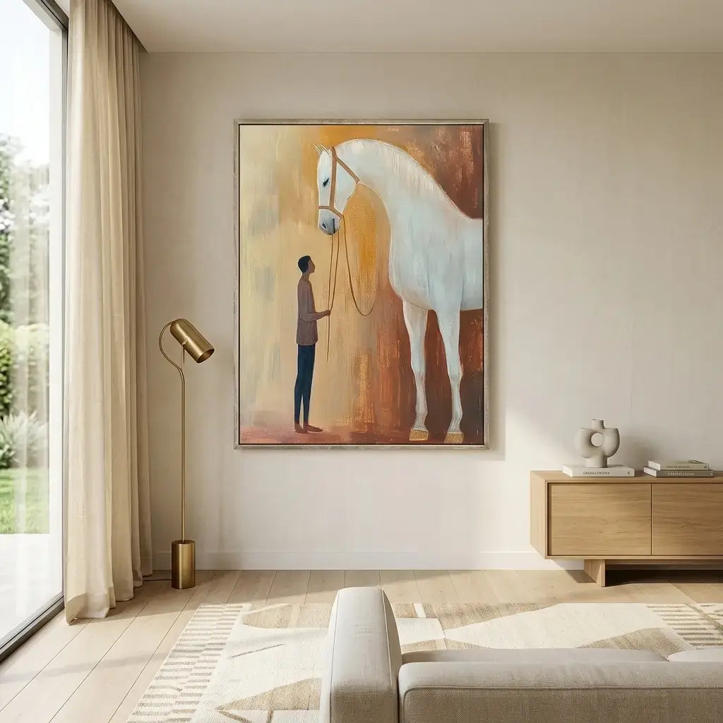 Modern living room with a large painting of a man and horse on the wall.