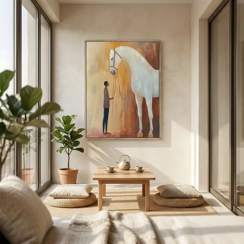Modern living room with a painting of a man and horse on the wall, wooden coffee table, and decorative pillows.