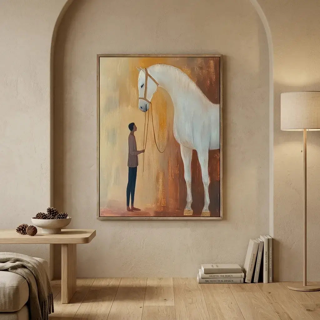 Framed artwork of a man and horse on a wall in a room with a lamp and books.