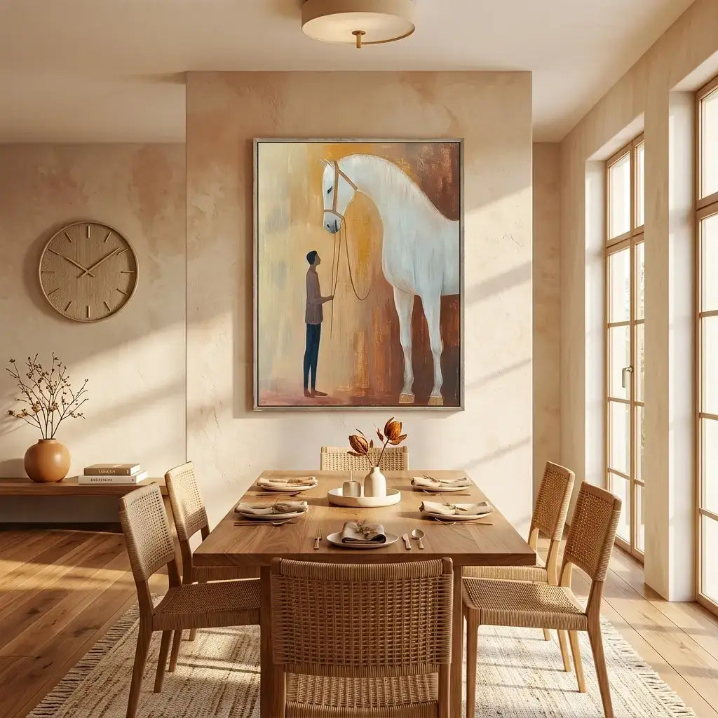 Dining room with wooden table and chairs, large painting of a man and horse on the wall, and a clock.