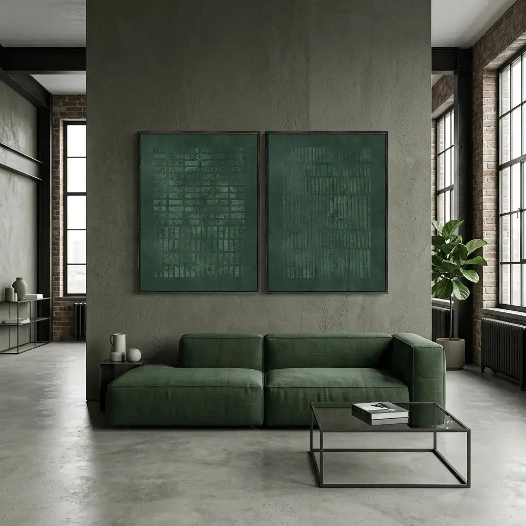 Modern living room with a green sofa, coffee table, and framed artwork on a gray wall.