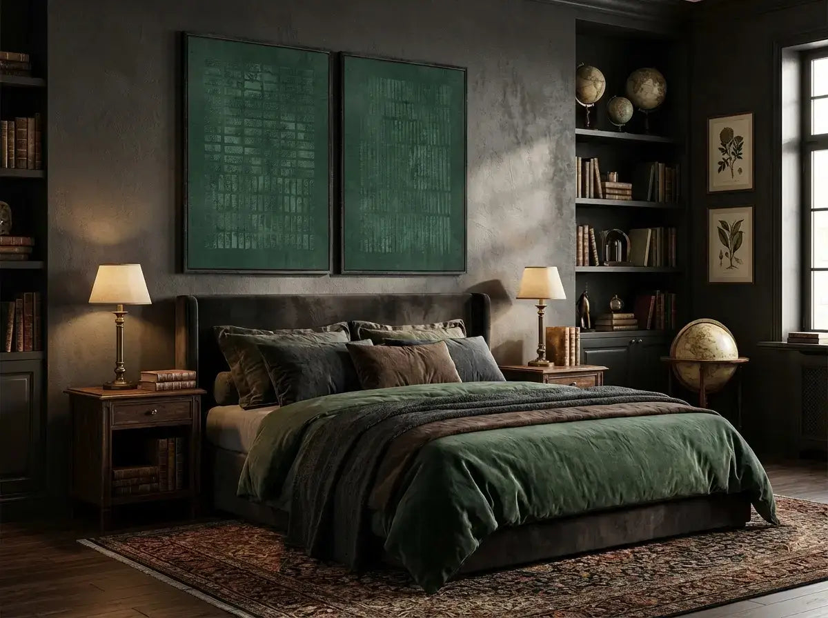 Cozy bedroom with green bedding, bookshelves, and framed artwork on a dark wall.