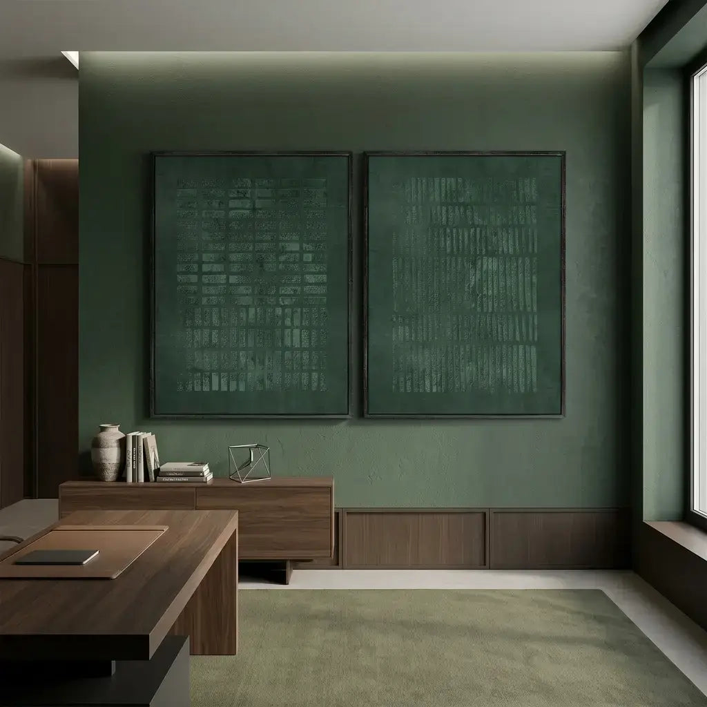 Modern office interior with green walls, wooden desk, and abstract art.