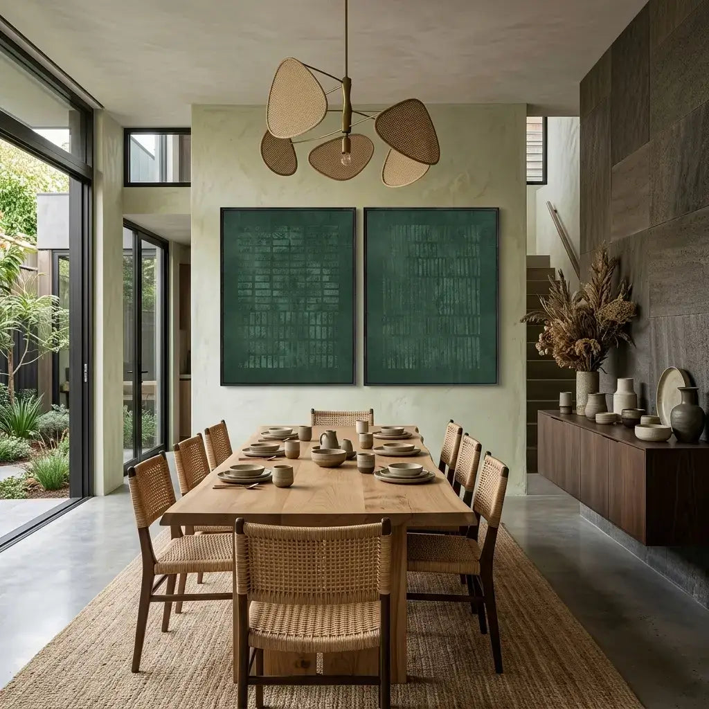 Modern dining room with wooden table and chairs, abstract art on the wall, and a large window.