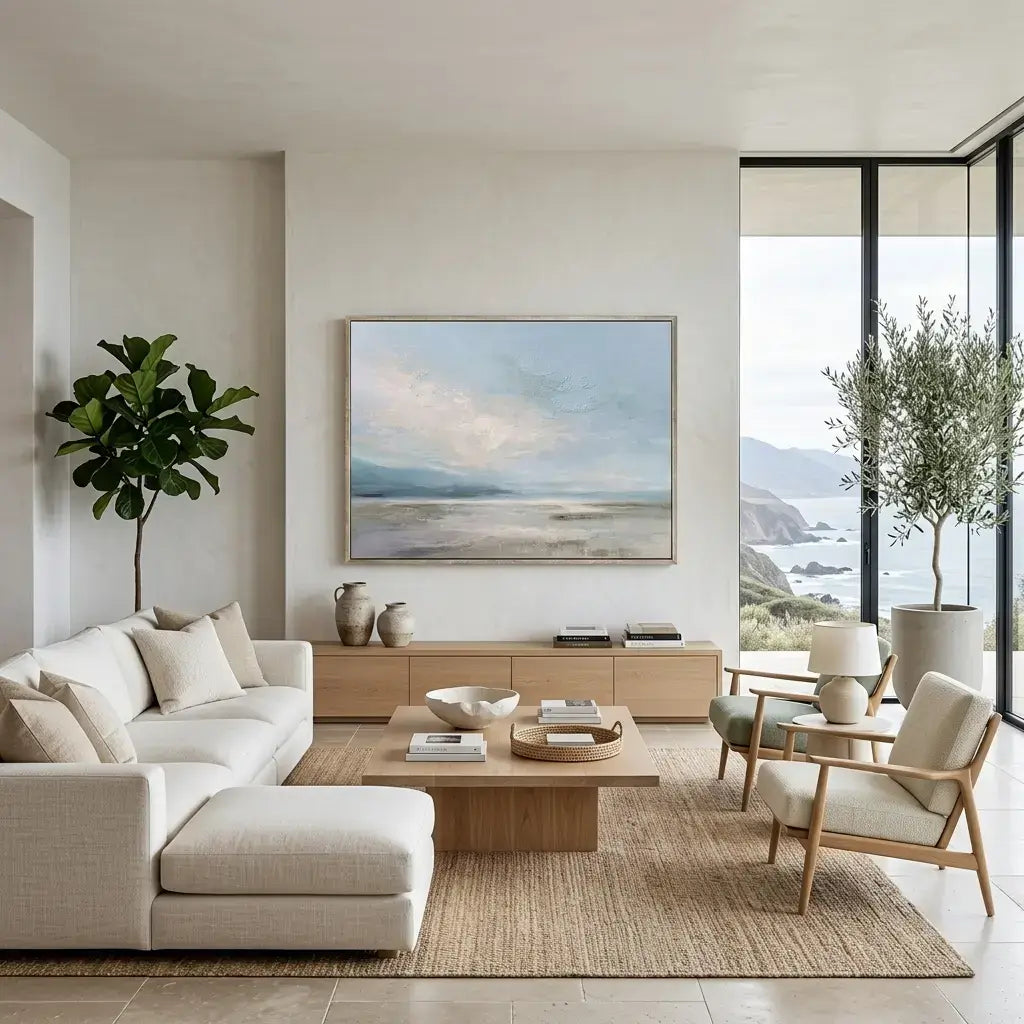 Modern living room with a white sofa, wooden coffee table, and large windows.