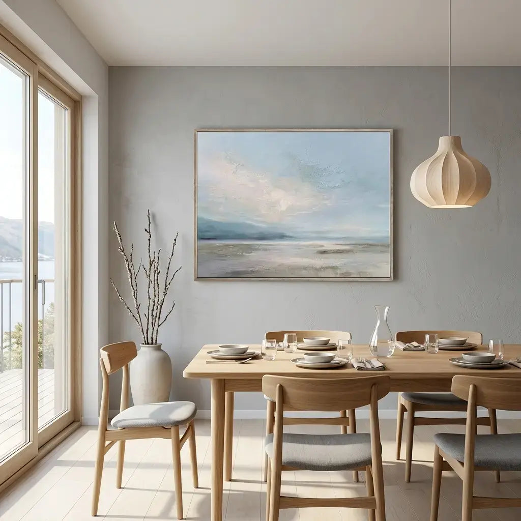 Modern dining room with wooden table and chairs, large painting on the wall, and pendant light.