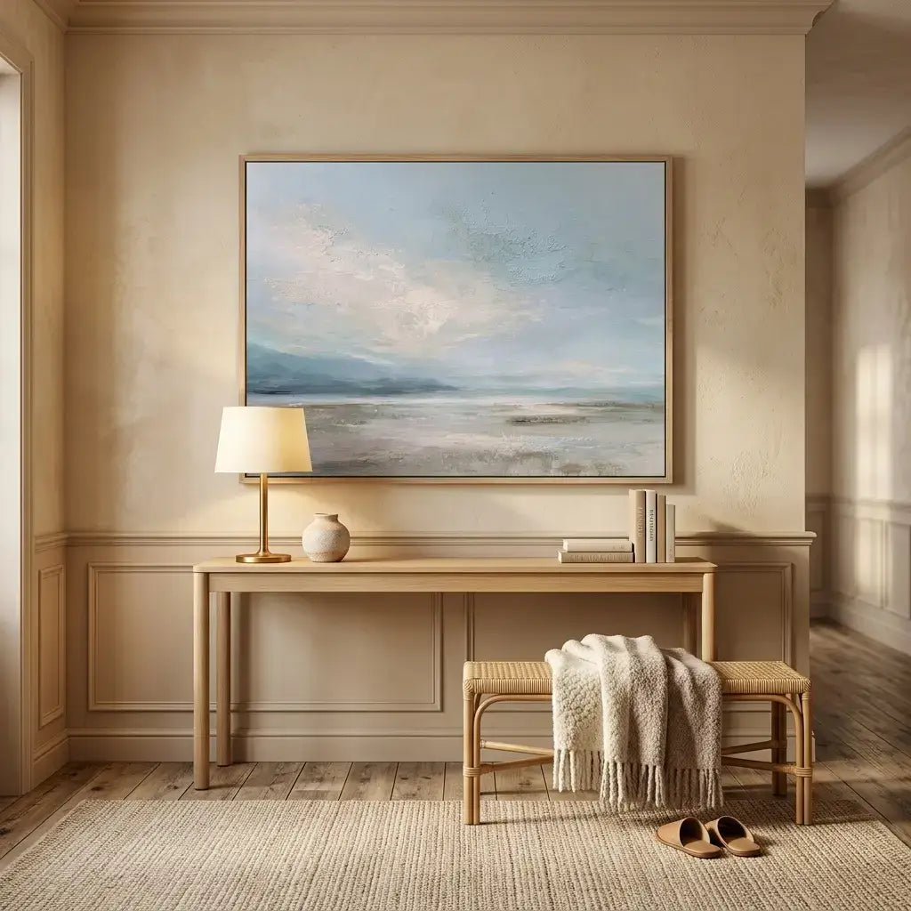 Room interior with a painting on the wall, table, chairs, and decor items.