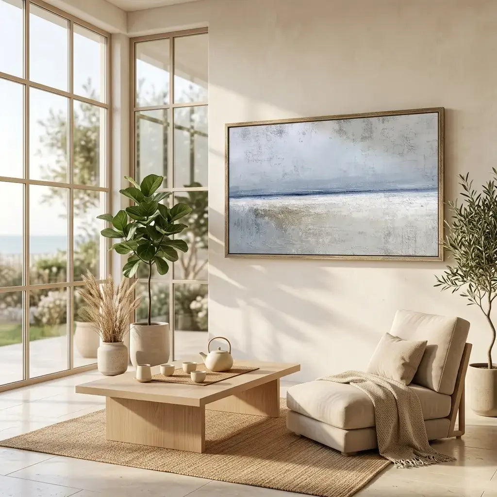 Modern living room with a sofa, coffee table, and wall art.