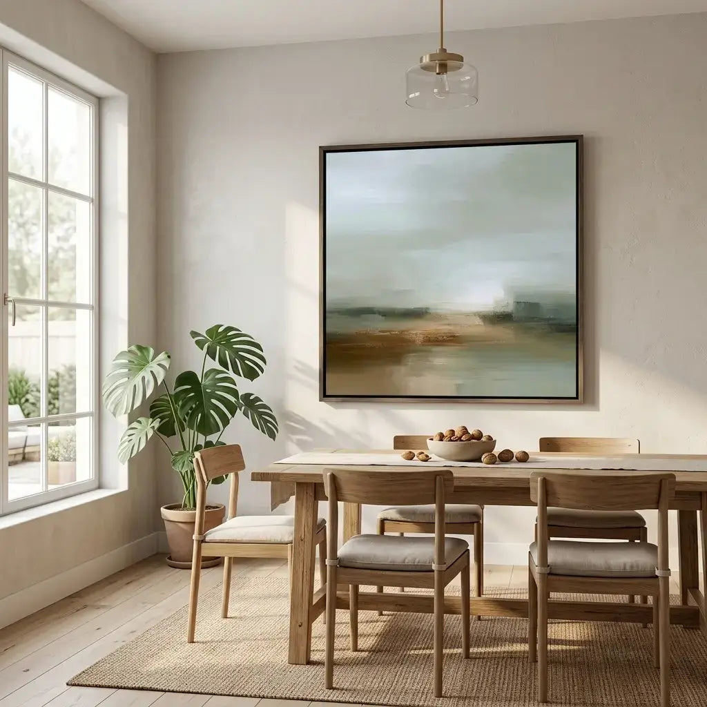 Dining room with wooden table and chairs, large abstract painting on the wall, and a plant by the window.