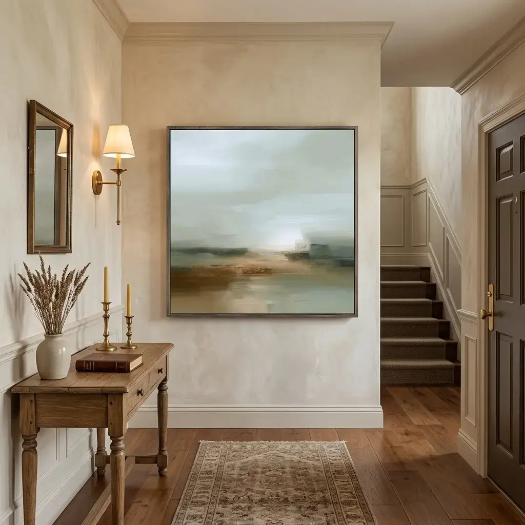 Foyer with wooden console table, abstract painting, and staircase