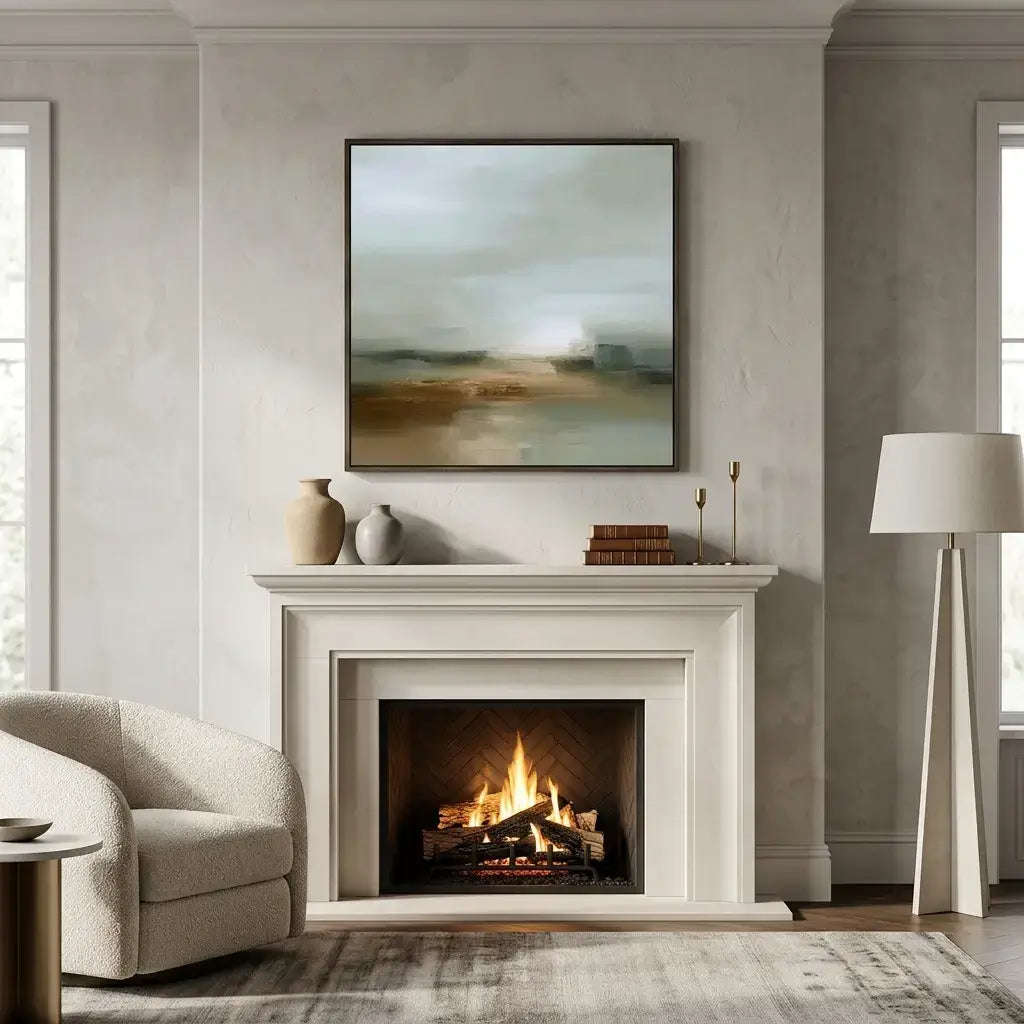 Living room with a fireplace, armchair, and abstract painting on the wall.