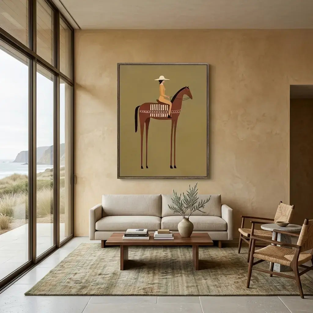 Living room with a beige sofa, wooden coffee table, and a framed picture of a person on a horse.