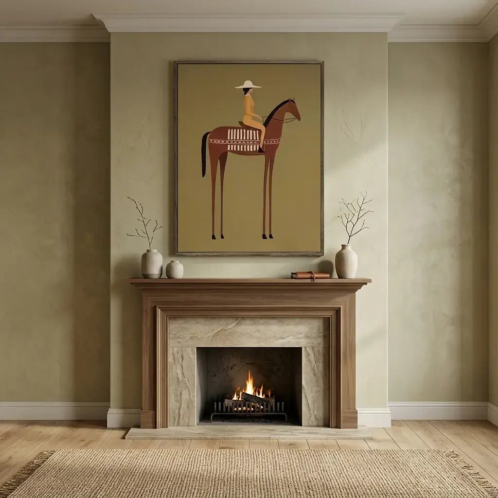 Decorative painting of a woman on a horse above a fireplace with a warm interior setting.
