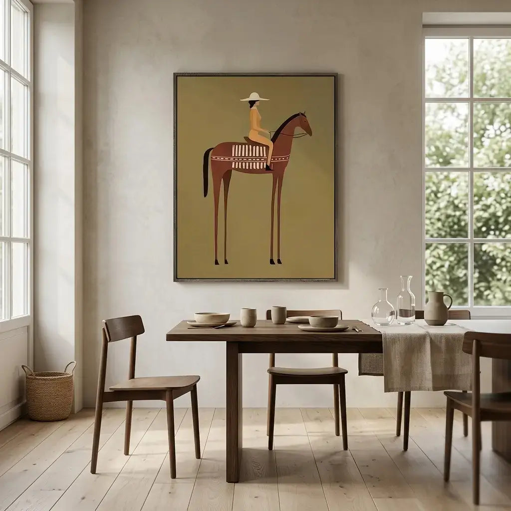 Dining room with wooden table and chairs, framed artwork of a woman on a horse, and large windows.