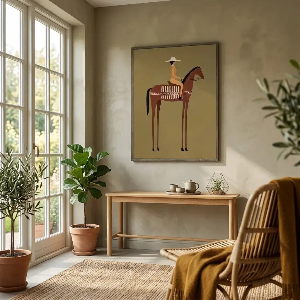 Living room with a painting of a person on a horse, a wooden console table, and a chair.