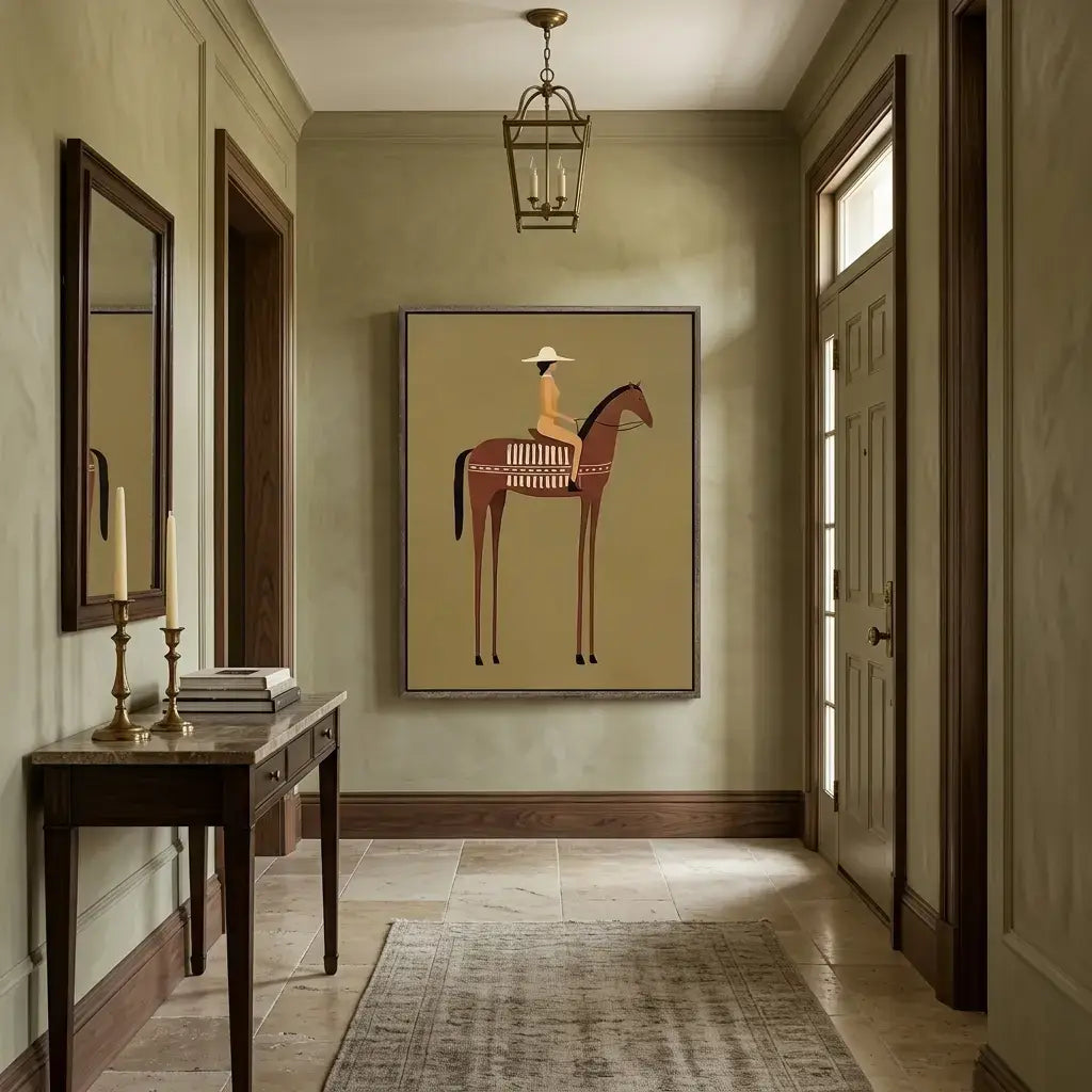 Hallway with a framed artwork of a person on a horse, a console table, and a mirror.