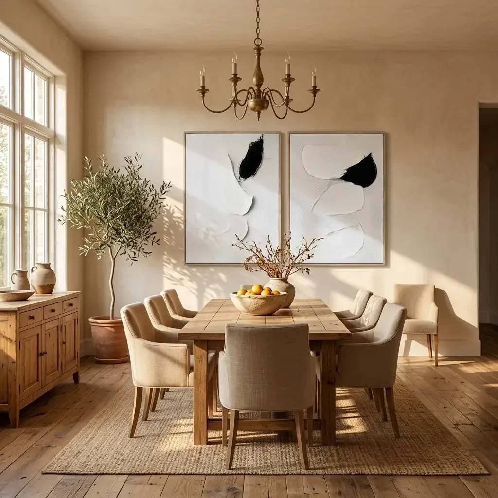 Dining room with wooden table, chairs, and abstract wall art.