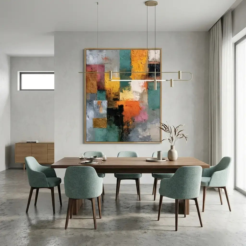 Modern dining room with a wooden table and chairs, abstract painting on the wall, and pendant light fixture.