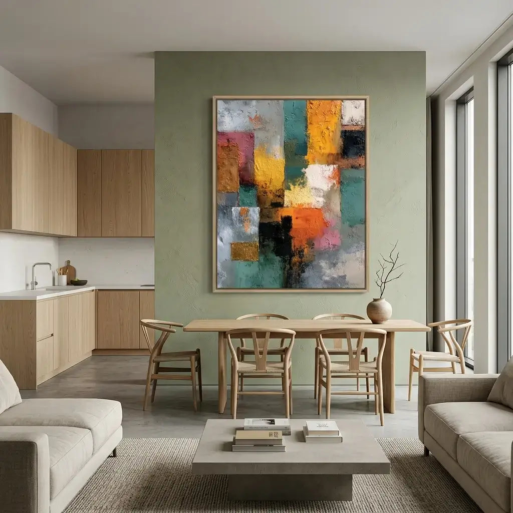 Modern living room with abstract art on the wall, wooden dining table, and beige sofa.