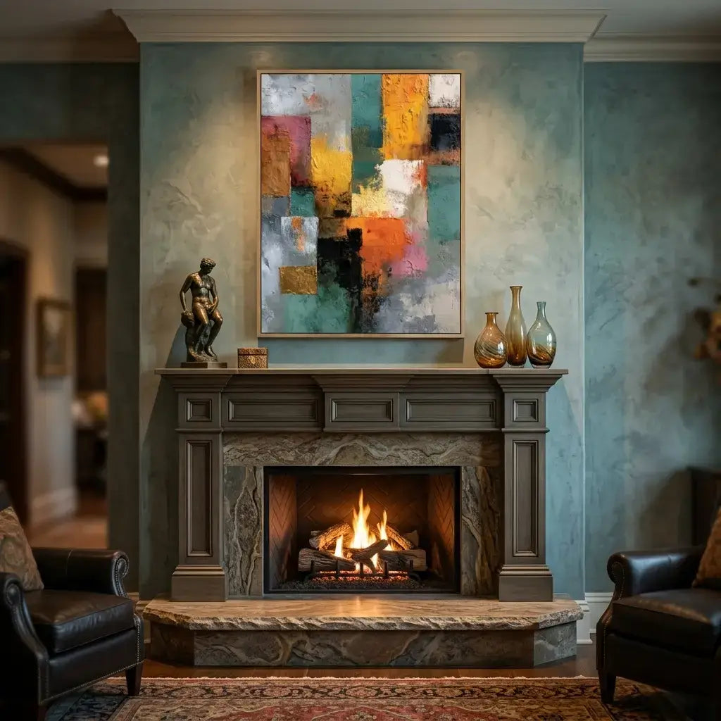 Living room with a fireplace, abstract painting, and decorative items.
