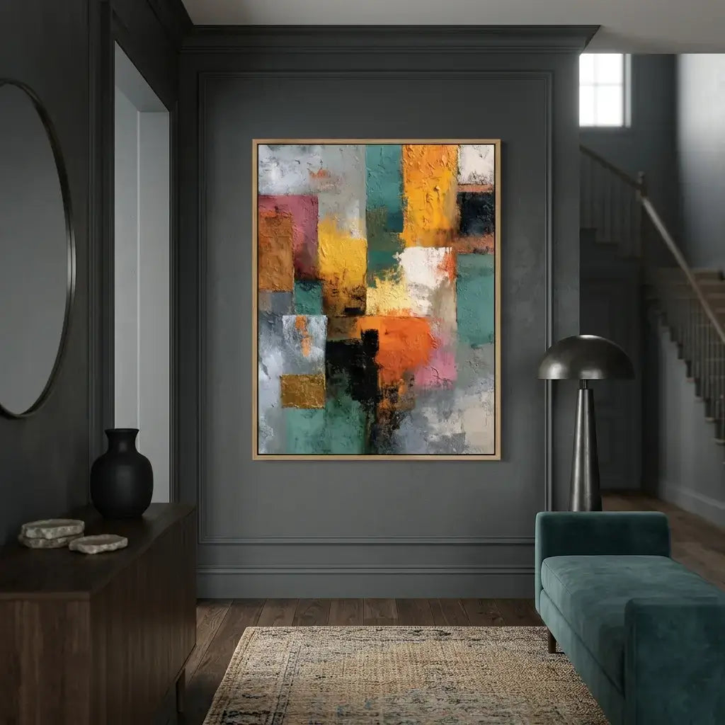 Abstract art painting in a modern living room setting with a teal sofa and dark walls.