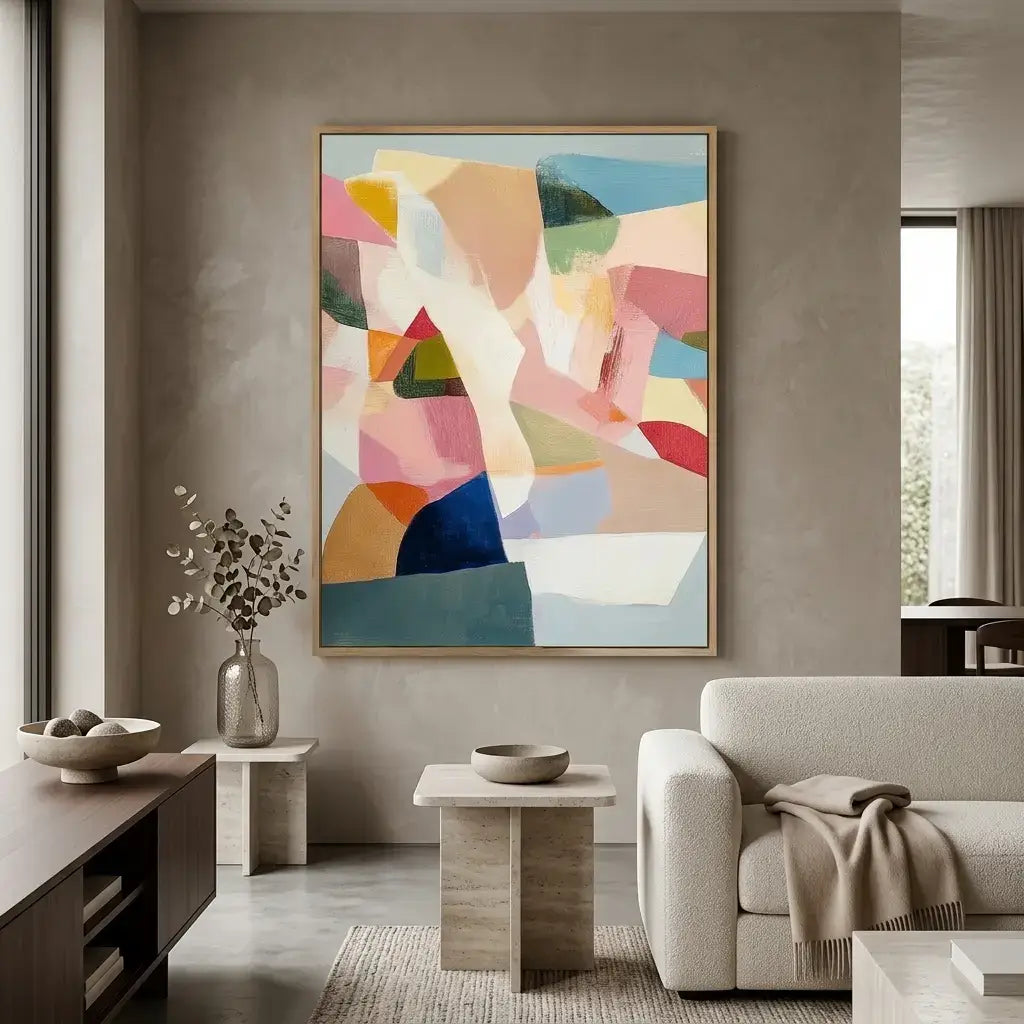 Modern living room with abstract art on the wall, sofa, and side tables.