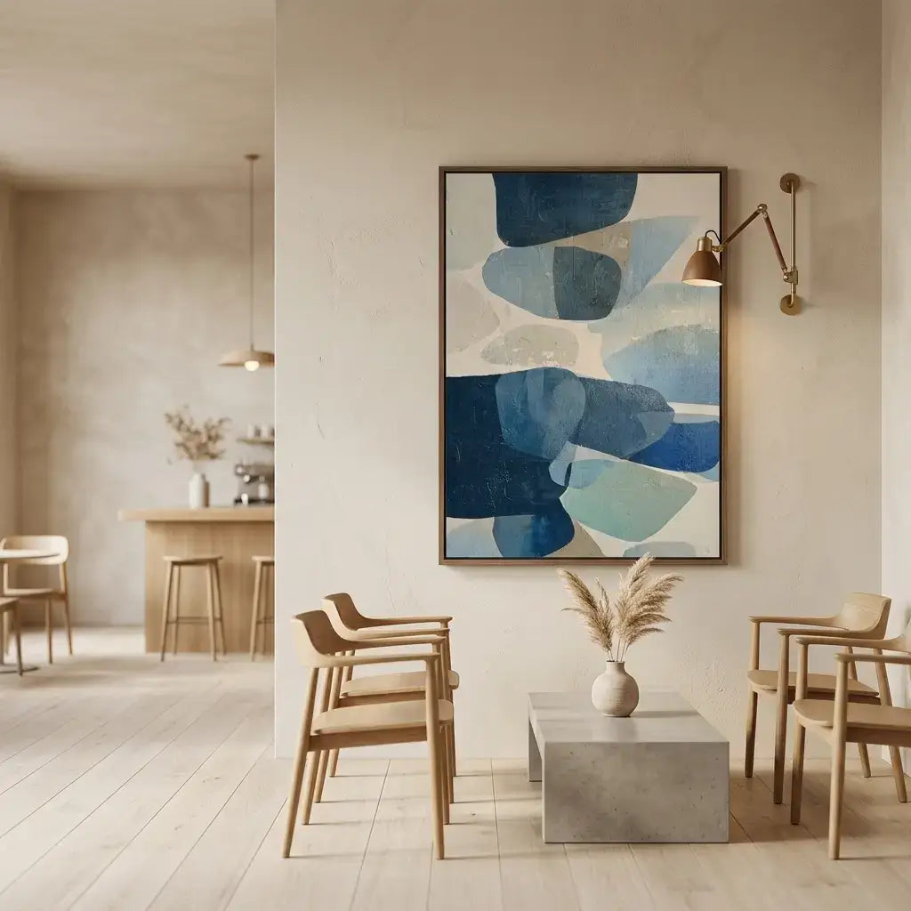 Modern interior with abstract art, wooden furniture, and decorative elements.