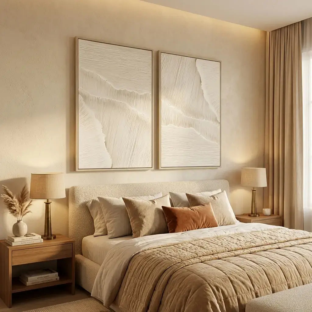 Cozy bedroom with a bed, nightstands, and abstract wall art.