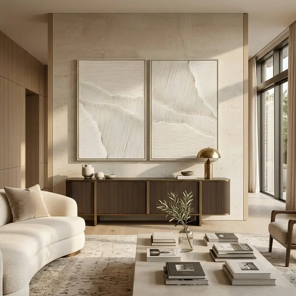 Modern living room with neutral tones, artwork on the wall, and decorative items.