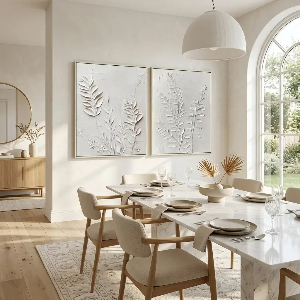 Modern dining room with marble table, chairs, and decorative elements.