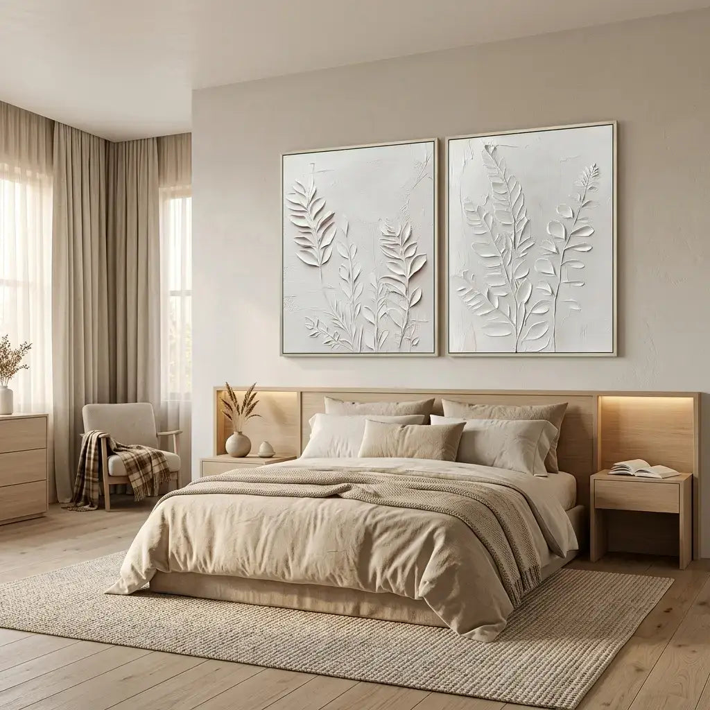 Neatly made bed in a bedroom with decorative wall art and soft lighting.