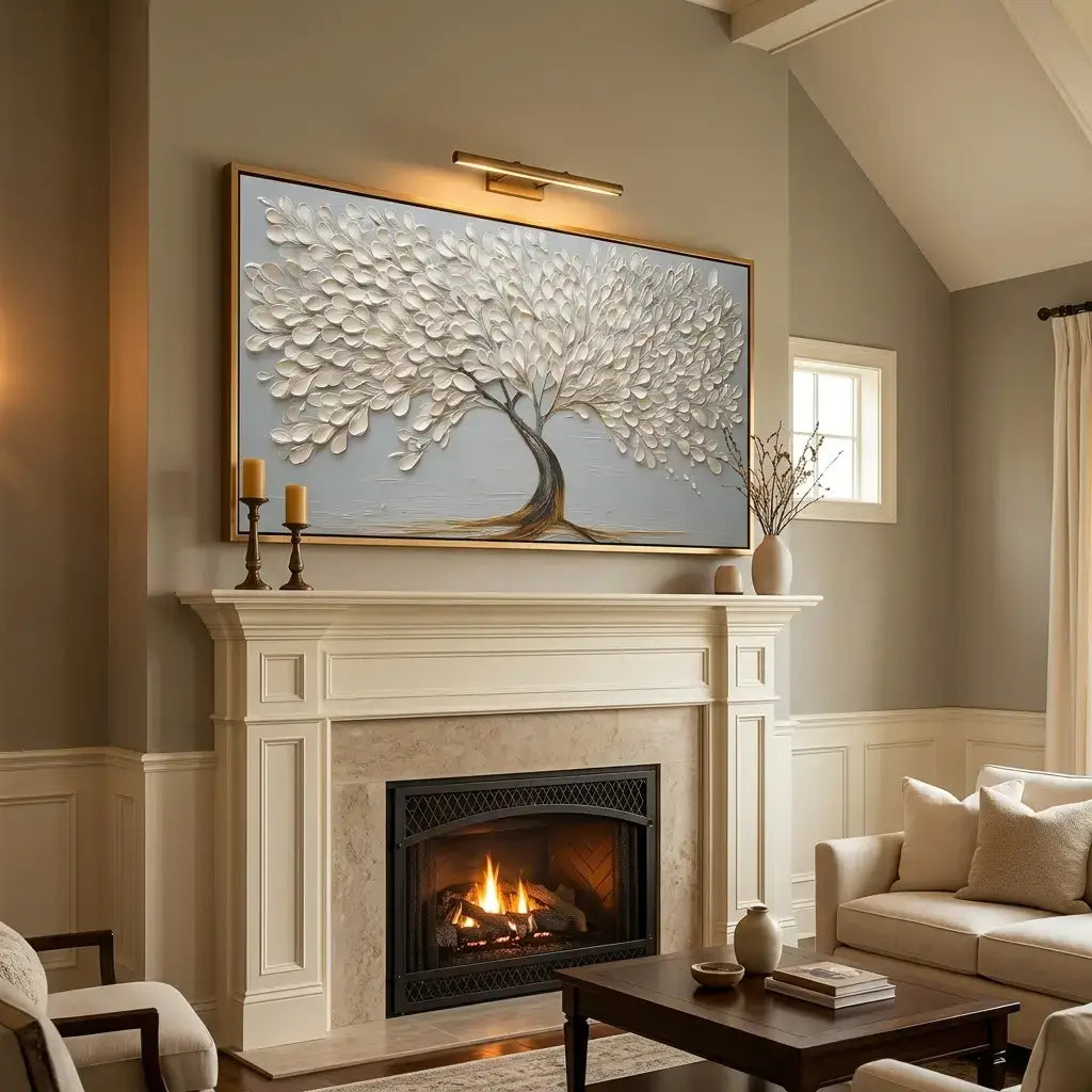 Living room with a fireplace, mantle, and decorative wall art.