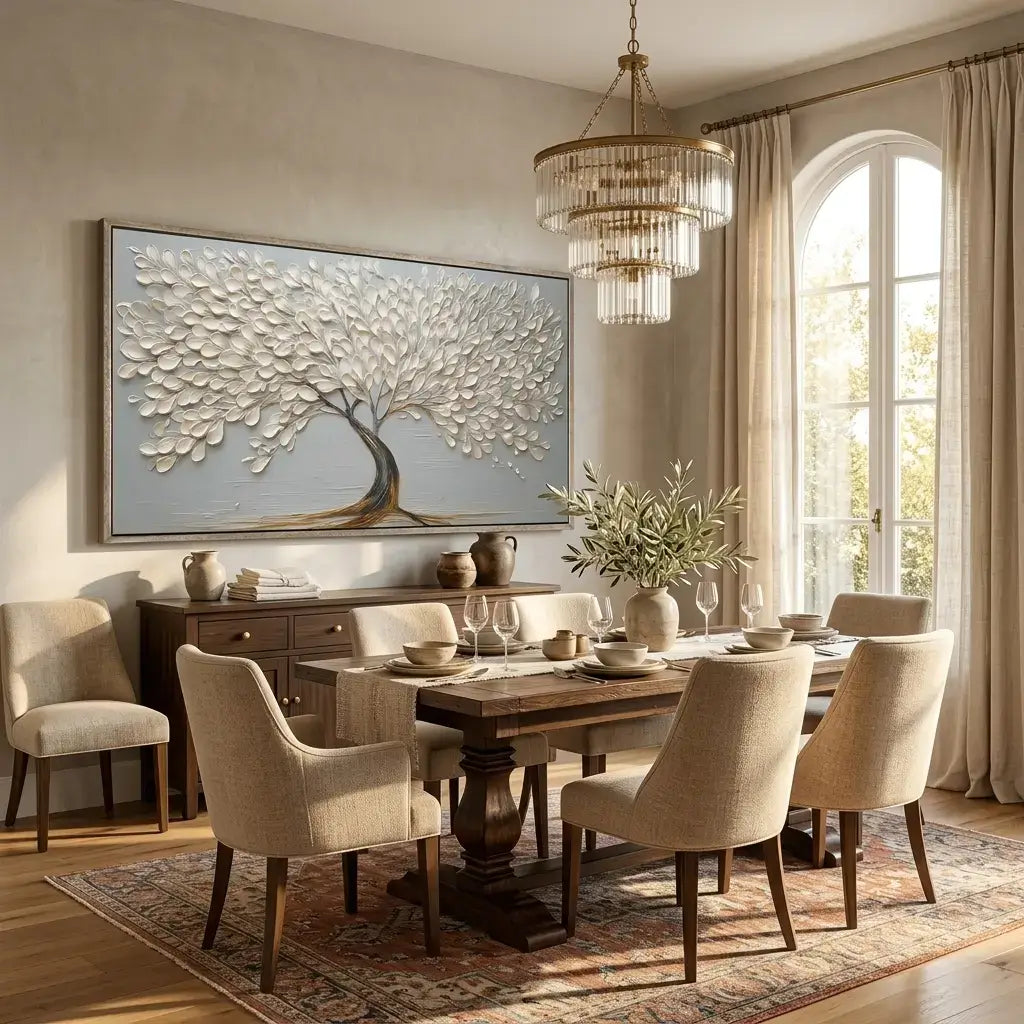 Dining room with wooden table, chairs, and a large abstract painting on the wall.