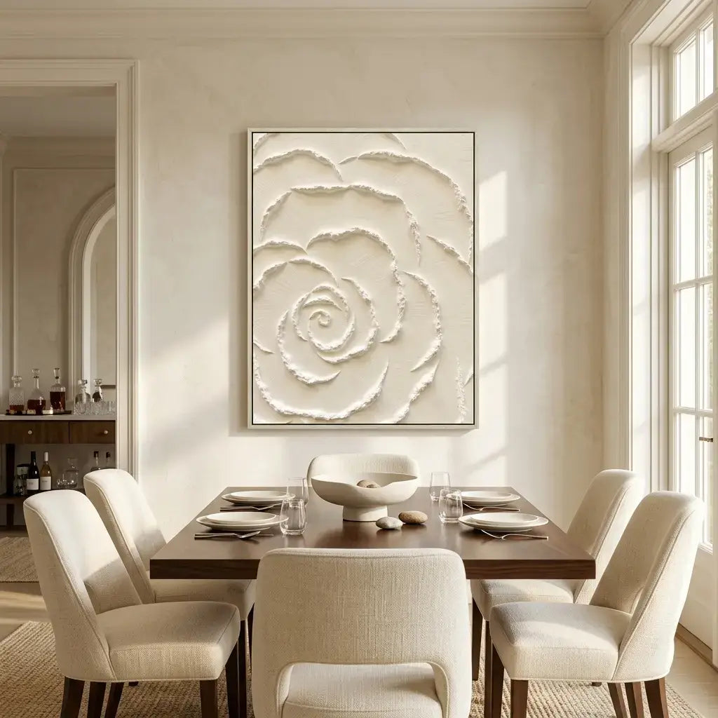 Dining room with a large floral artwork on the wall, wooden table, and chairs.
