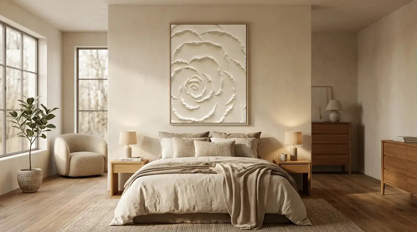 Neatly arranged bedroom with a large floral wall art piece.