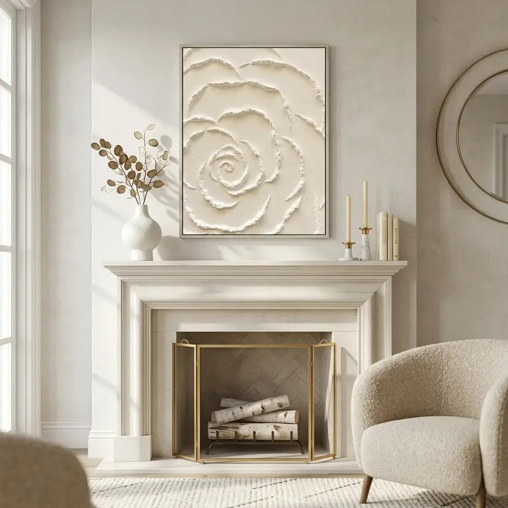 Living room with a fireplace, decorative wall art, and a chair.