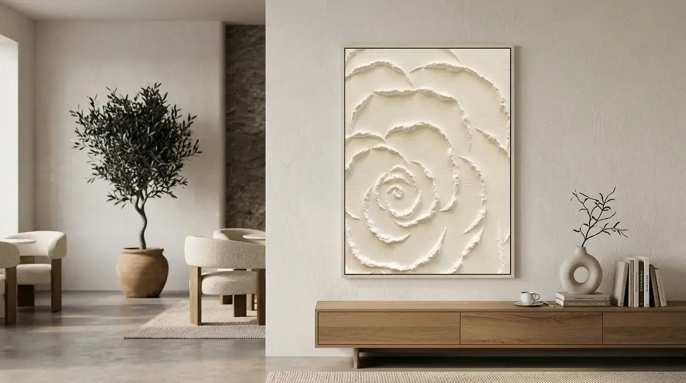Decorative wall art of a floral design in a modern living room.