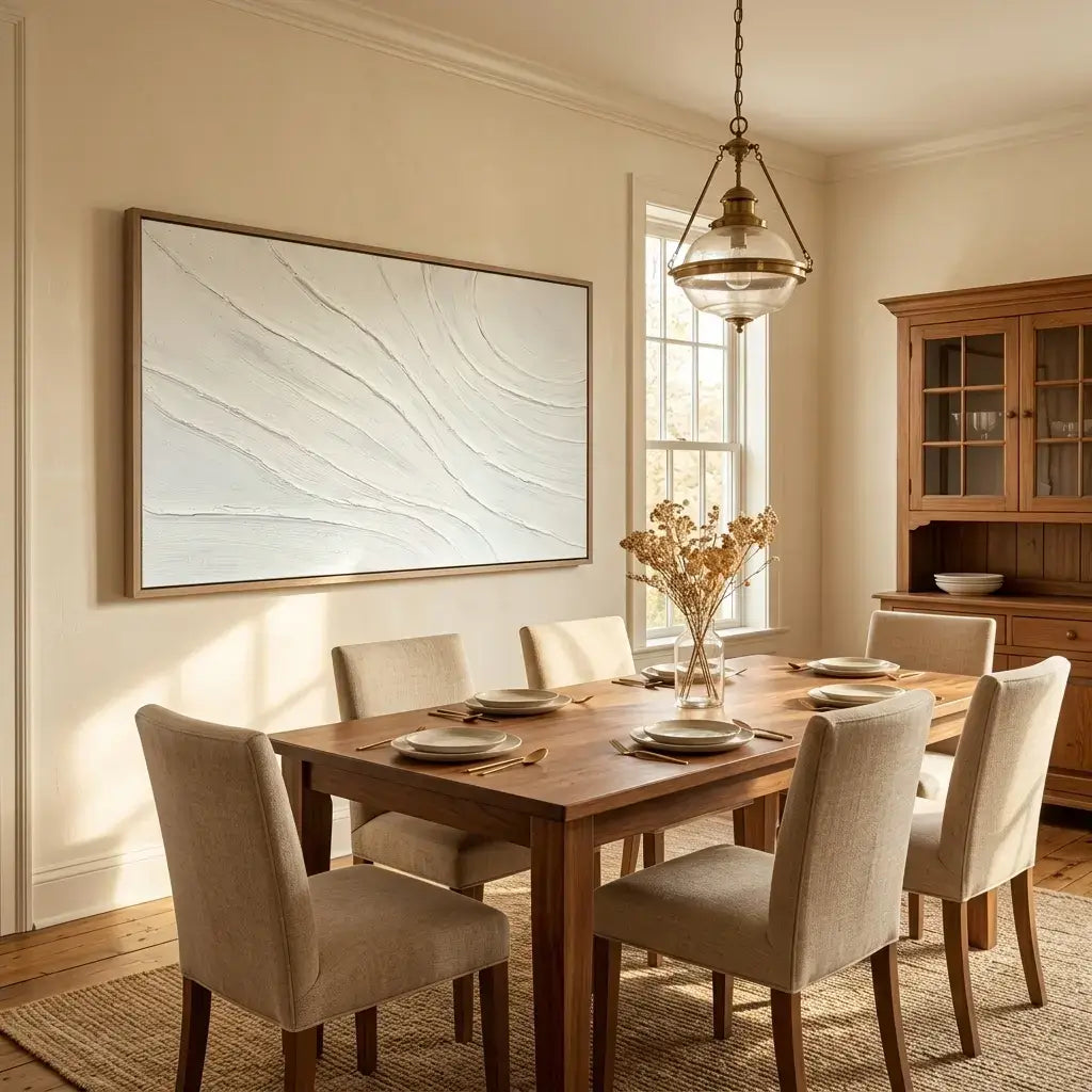 Dining room with wooden table and chairs, abstract painting on wall, and chandelier.