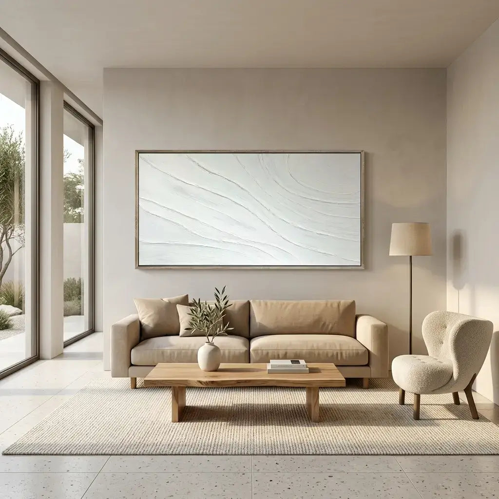 Modern living room with beige sofa, wooden coffee table, and abstract wall art.