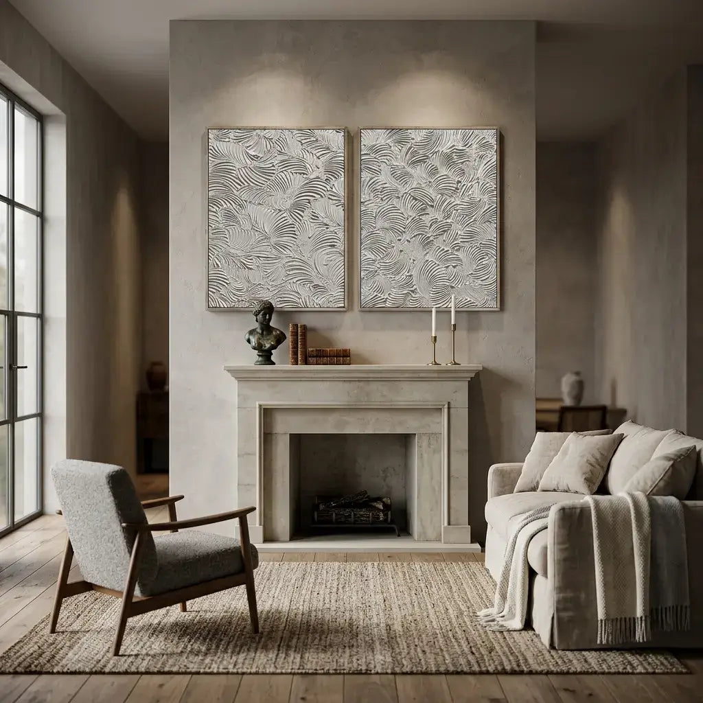 Living room with a fireplace, armchair, and sofa with decorative items.
