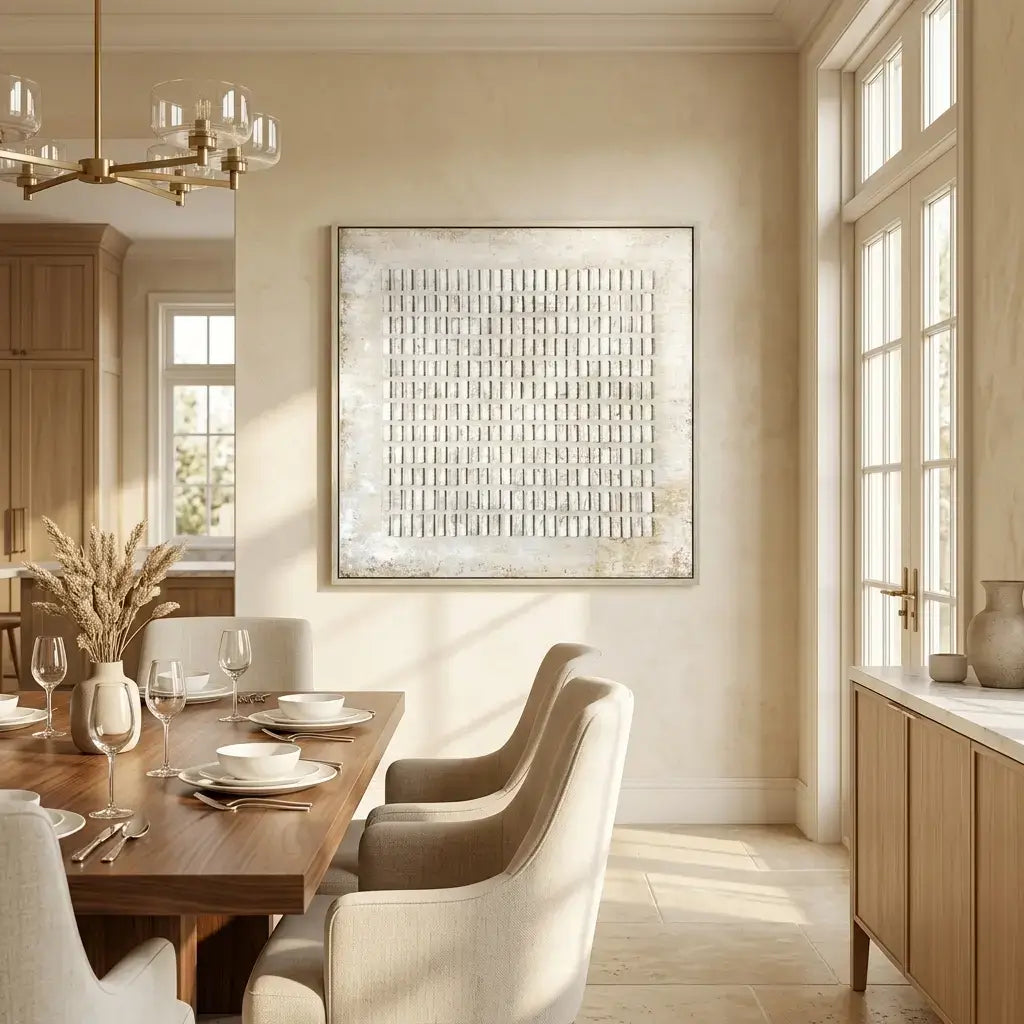 Dining room with wooden table, chairs, and a large abstract painting on the wall.