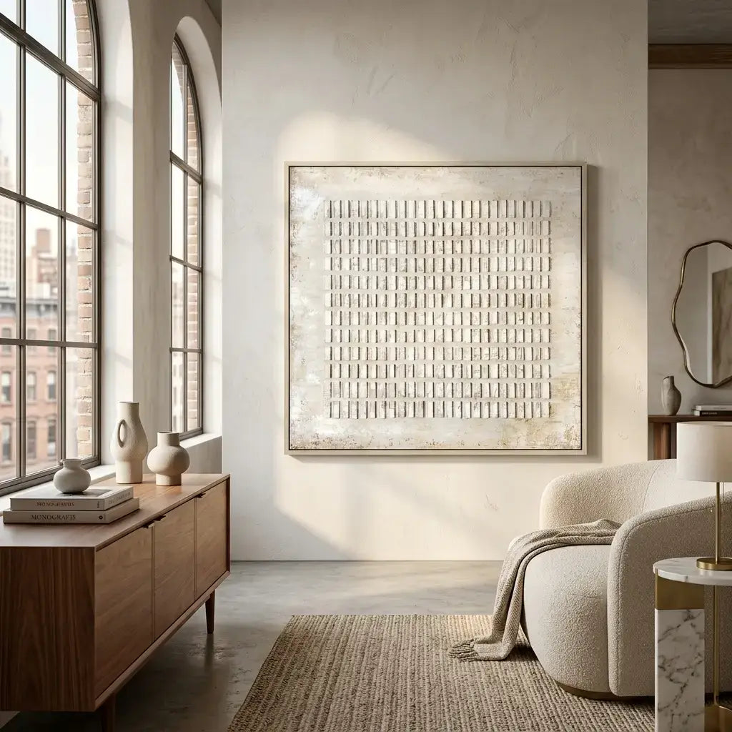 Modern living room with abstract artwork, wooden sideboard, and comfortable seating.