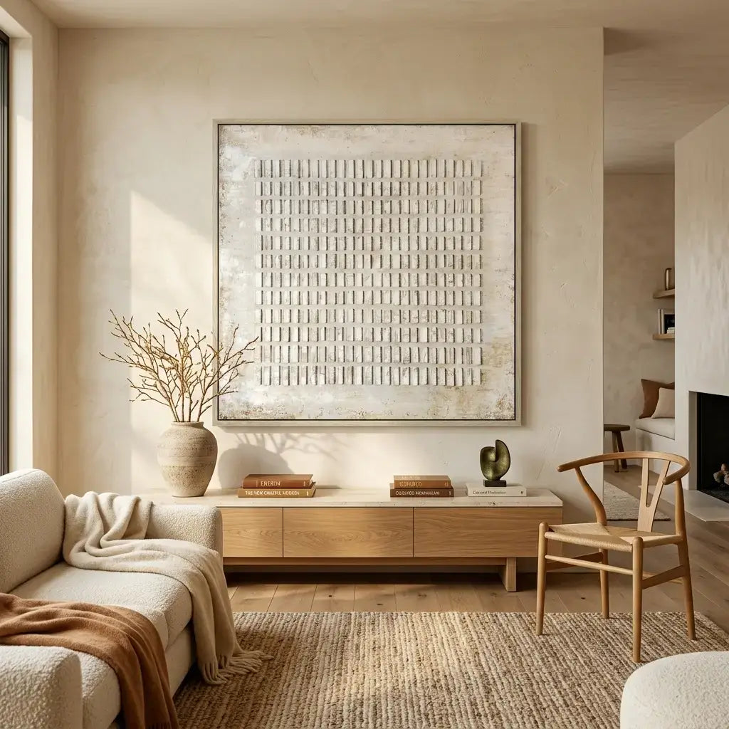 Modern living room with neutral tones, abstract art, and wooden furniture.
