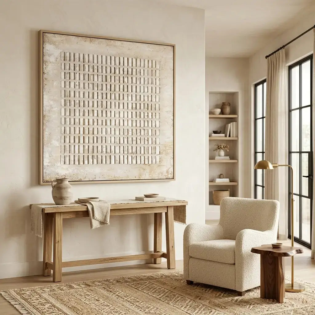 Living room with wooden bench, armchair, and abstract wall art
