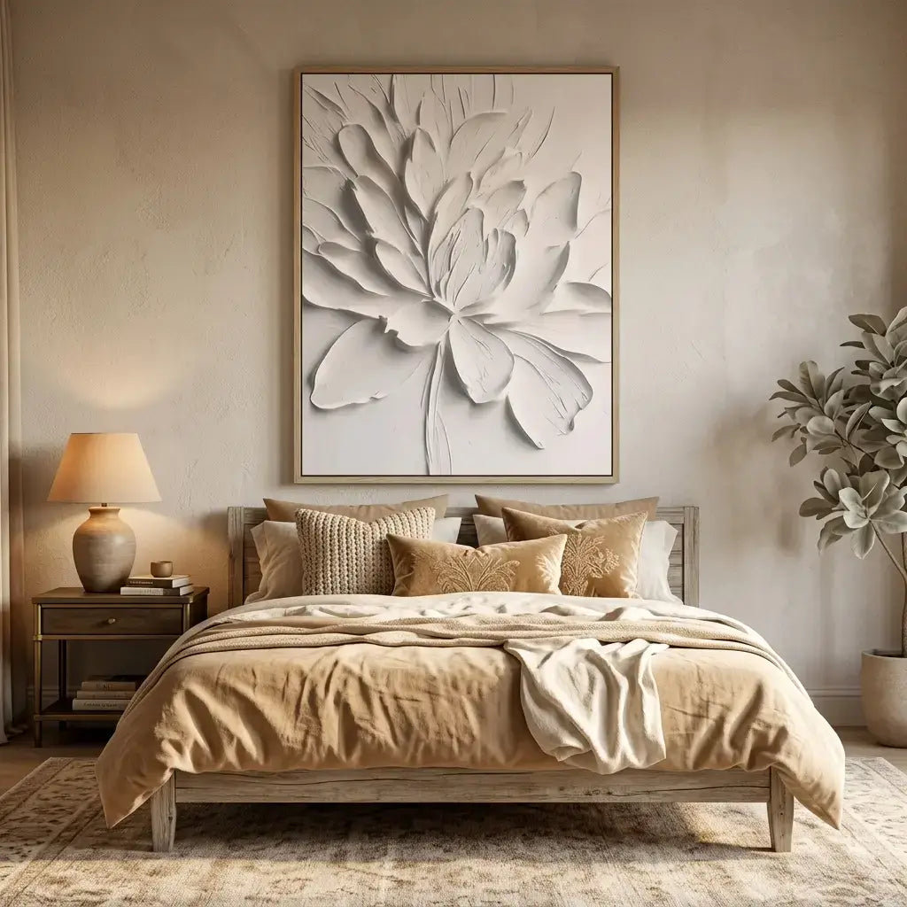 Neatly made bed with beige bedding in a bedroom setting, featuring a large floral wall art piece.