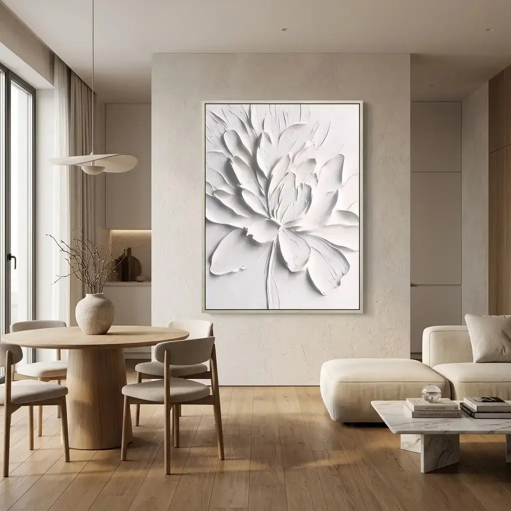 Modern living room with a large floral artwork on the wall