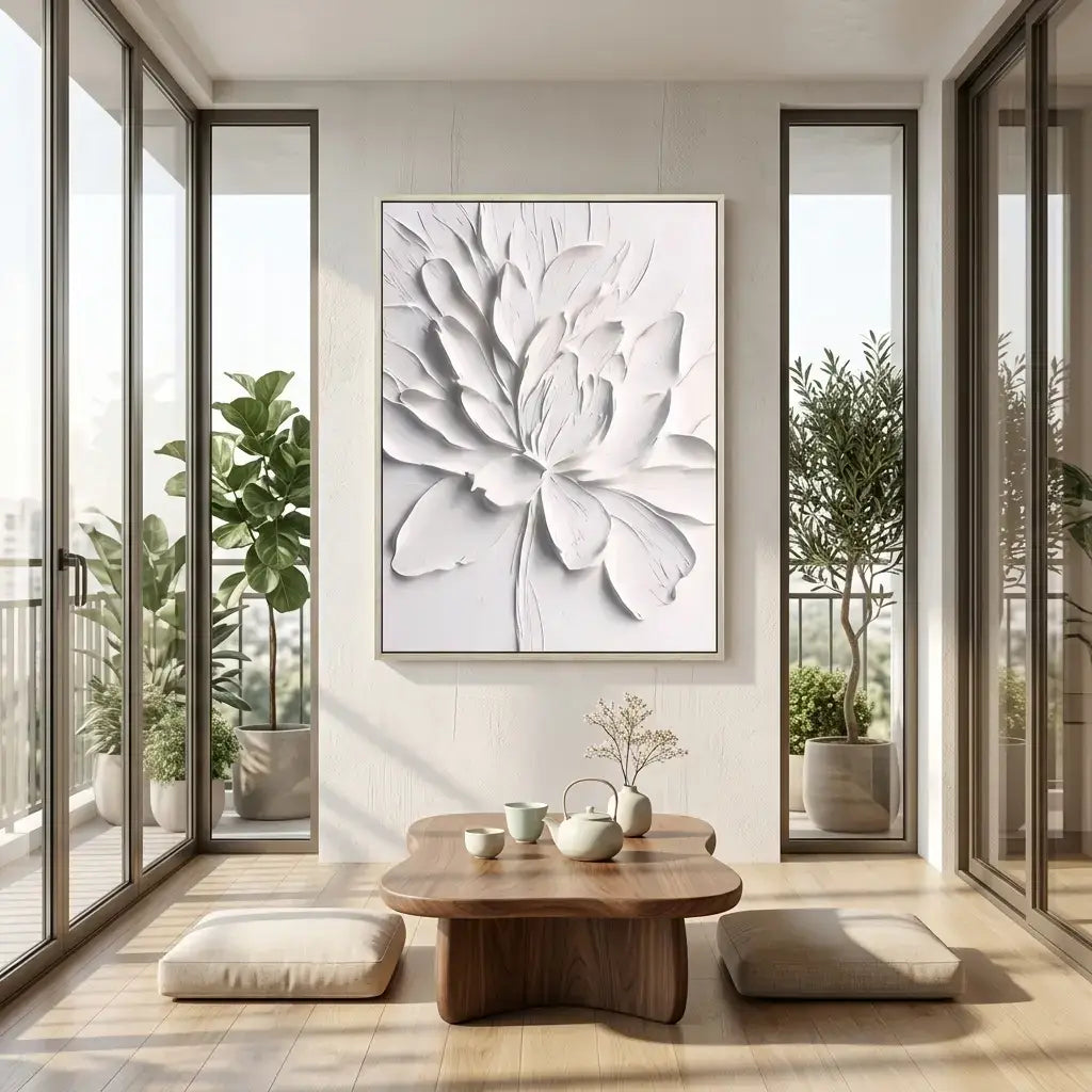 Modern interior with a large floral artwork on the wall, wooden coffee table, and potted plants.