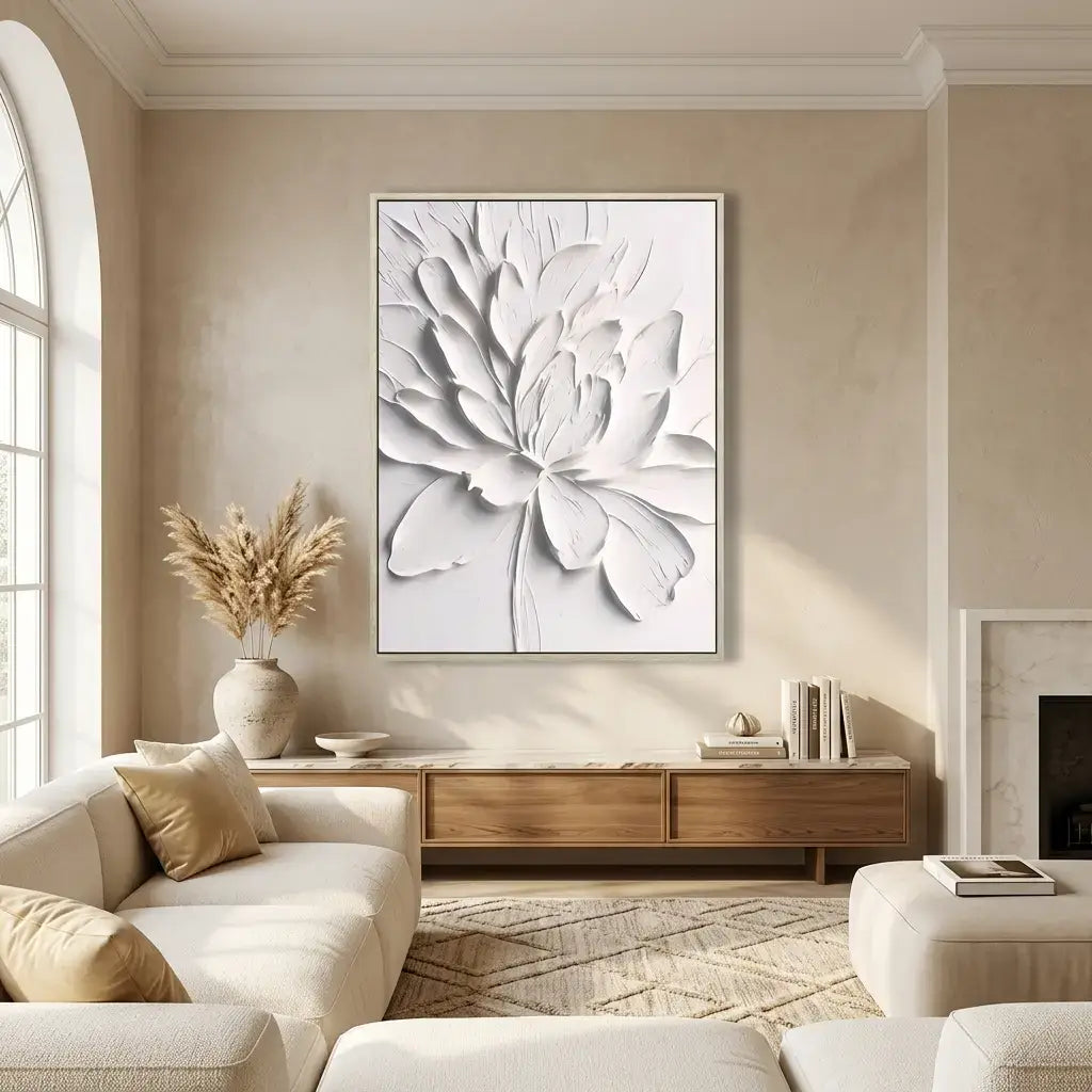 Modern living room with a large abstract floral painting on the wall.