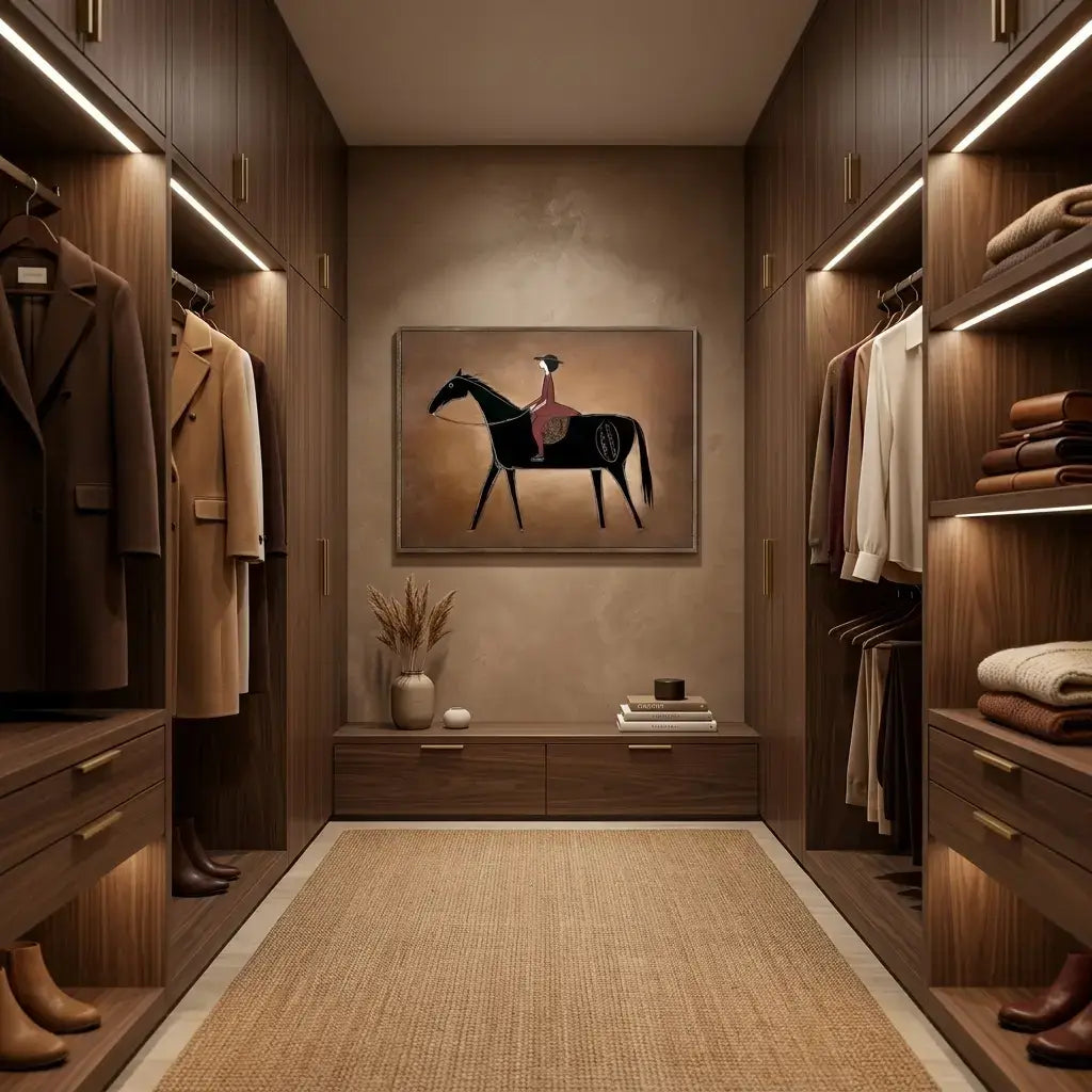Modern walk-in closet with wooden furniture, coats, and a horse painting on the wall.